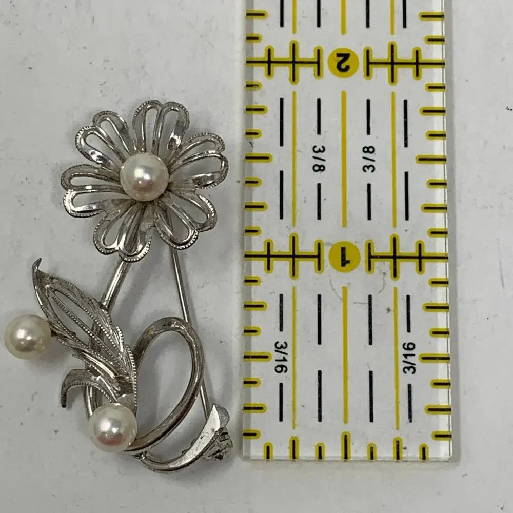 Vintage Floral Brooch Sterling Silver Pearl Details